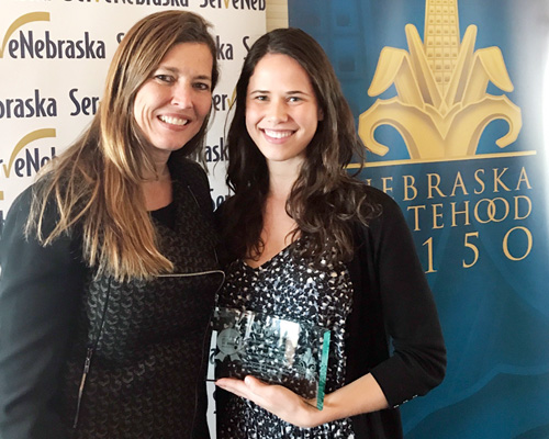 Larinda Fandrich and Elissa Lombard accepted the 2017 Step Up award from ServeNebraska on behalf of Union College. 