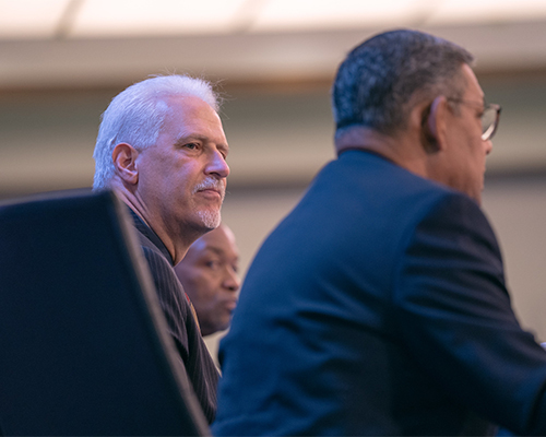 Randy Robinson, treasurer of the North American Division, listens to Juan Prestol-Puesán, treasurer of the General Conference, give comments regarding the history of tithe sharing between the division and the GC. 
