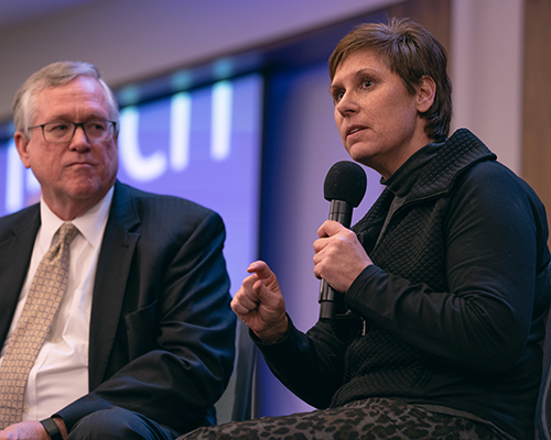 Tandi Perkins talks about the needs in Alaska that Arctic Missions Adventure and Adventist Community Services are hoping to meet during the 2019 NAD Year-End Meeting Nov. 1 evening vespers program. Photo by Pieter Damsteegt