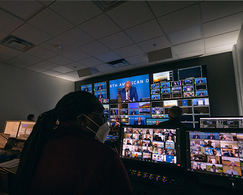 Robert Baker, member of the NAD Year-End Meeting productions team, monitors members of the executive committee on Zoom prior to breakout session on the division’s 2020-2025 strategic plan. 