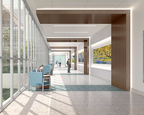 A hospital lobby with windows.