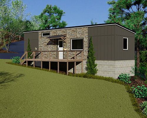 A small modern cottage surrounded by greenery and trees.