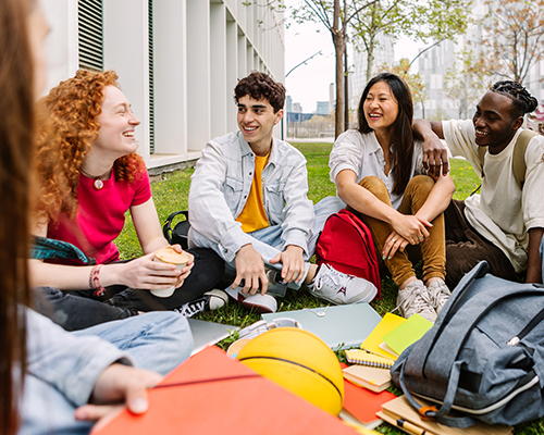 A diverse group of students studying outside. 