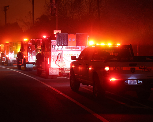 Photo of emergency vehicles, including firetrucks, at the Palisades California fire on January 7, 2025