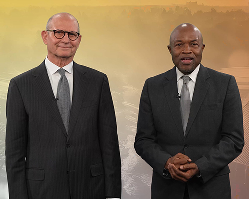 GC president Ted Wilson (middle age caucasian male) and NAD president Alex Bryant (middle age African American male) invite people to the January 8, 2025, NAD prayer meeting