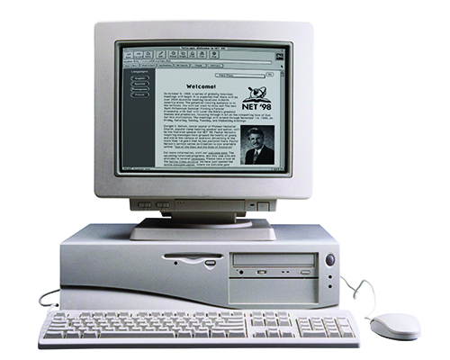 compilation graphic of 1990s computer with NET 98 flyer on screen