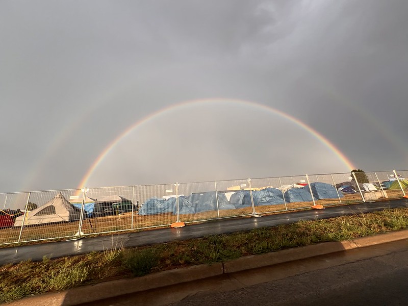 On Tuesday, August 6, 2024, at the Believe the Promise International Pathfinder Camporee in Gillette, Wyoming, a double rainbow appears over the campground following a severe storm. Photo: Kara Castillo, North American Division