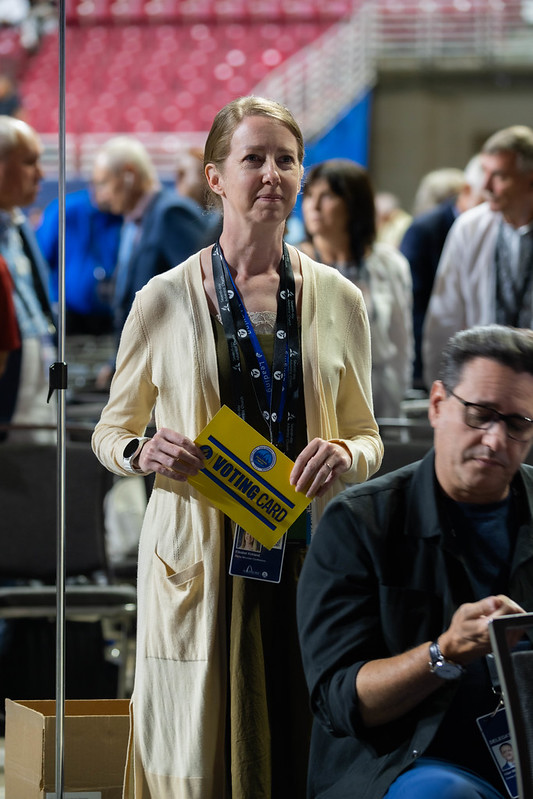 Liz Kirkland stands at the voting floor with her yellow voting card.