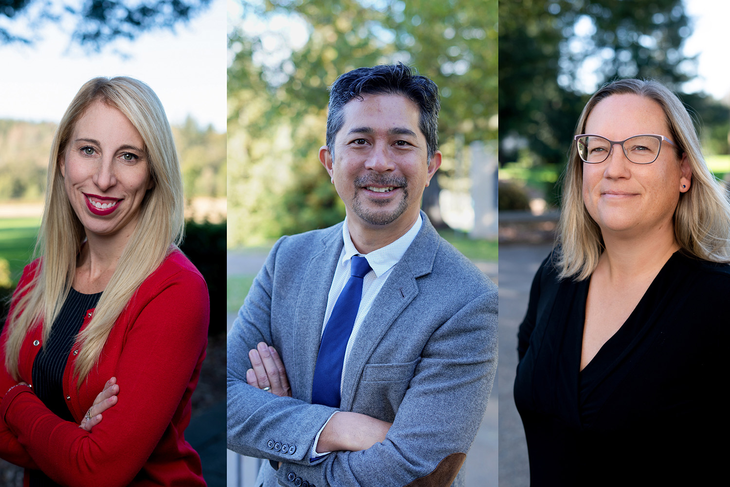 Headshots of one man and two women, side by side