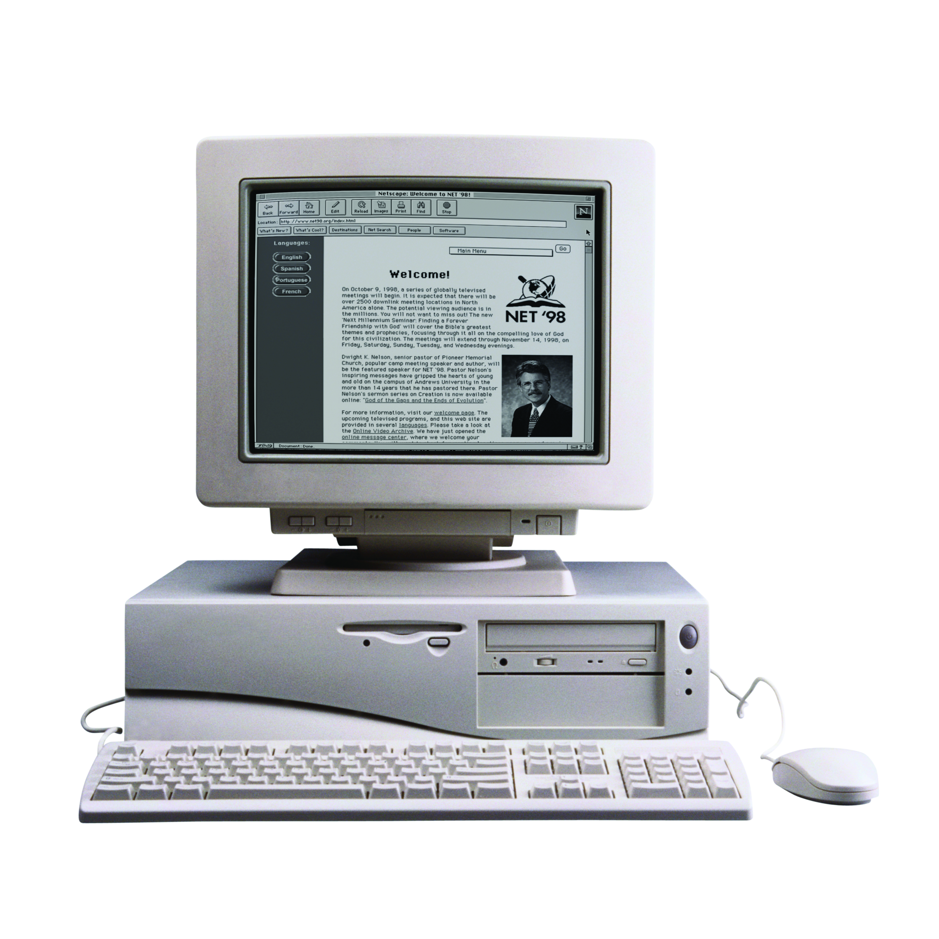 1990s computer with CompuServe on screen showing Net 98 evangelism material