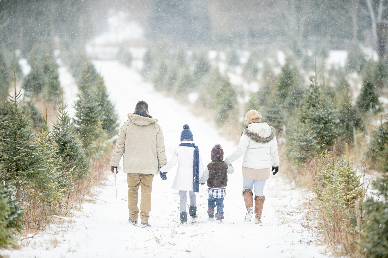Family walking in winter scene 