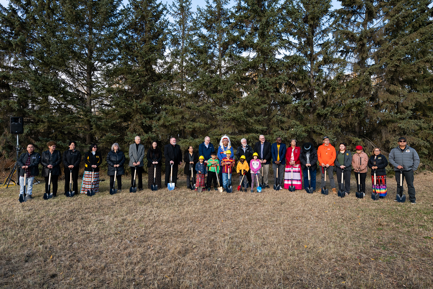 Mamawi Atosketan, or “Working Together” in Cree, was the theme embraced by speakers and demonstrated in the composition of the MAC Shovel Brigade. The Brigade was composed of Samson Cree Nation counselors and Chief Vernon Saddleback, Maskwacis church members, members of the Wilkins family (Mohawk, major donors), past and acting principals of MANS, and four levels of Adventist Church leadership. Photo: Trevor Boller